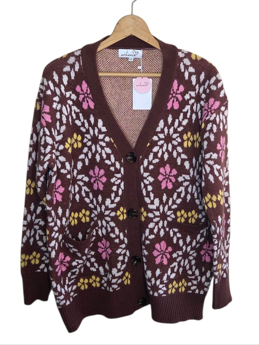 Boutique Brand WLM Brown Pink Yellow Vintage Floral V-neck Button Cardigan NEW
